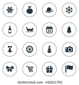 Vector Illustration Set Of Simple New Year Icons. Elements Ice Man, Bag, Basket And Other Synonyms Cart, Cap And Photo.