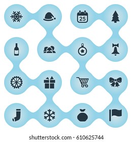 Vector Illustration Set Of Simple New Year Icons. Elements Bag, Forest, Funfair And Other Synonyms Day, Bottle And Bow.
