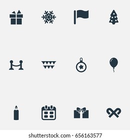 Vector Illustration Set Of Simple New Year Icons. Elements Surprise, Month, Tree Toy And Other Synonyms Flag, Decoration And Cane.