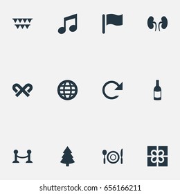 Vector Illustration Set Of Simple New Year Icons. Elements Refresh, Spruce, Drink Bottle And Other Synonyms Gift, Champagne And International.