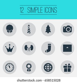 Vector Illustration Set Of Simple New Year Icons. Elements Chalet, Christmas Decoration, Crown And Other Synonyms Cottage, Photo And Equipment.