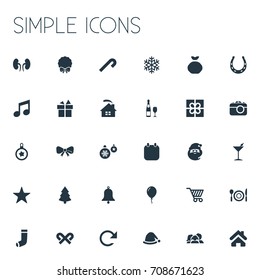 Vector Illustration Set Of Simple New Year Icons. Elements Striped Lollipop, Dinner, Lollipop And Other Synonyms Fun, Wreath And Arrow.