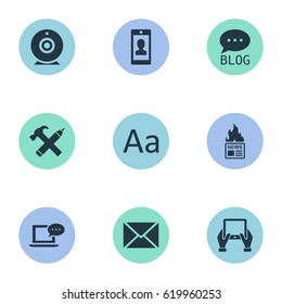 Vector Illustration Set Of Simple Newspaper Icons. Elements Cedilla, Site, Notepad And Other Synonyms Smartphone, Hammer And Hot.