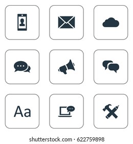 Vector Illustration Set Of Simple Newspaper Icons. Elements Repair, Post, Loudspeaker And Other Synonyms Smartphone, Missive And Pencil.