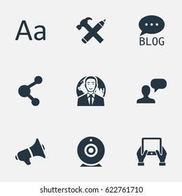 Vector Illustration Set Of Simple Newspaper Icons. Elements Loudspeaker, Notepad, Share And Other Synonyms Speaker, Tablet And Megaphone.