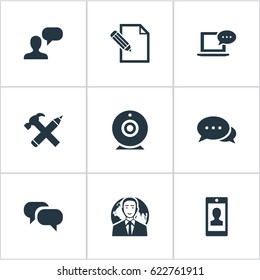 Vector Illustration Set Of Simple Newspaper Icons. Elements Laptop, Profile, Repair And Other Synonyms Conversation, Coming And Pen.