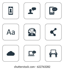 Vector Illustration Set Of Simple Newspaper Icons. Elements E-Letter, Man Considering, Cedilla And Other Synonyms International, Message And Phone.