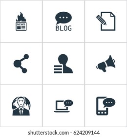 Vector Illustration Set Of Simple Newspaper Icons. Elements E-Letter, Loudspeaker, Laptop And Other Synonyms Megaphone, Speaker And Gazette.