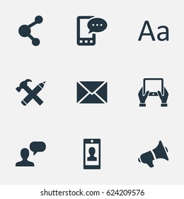 Vector Illustration Set Of Simple Newspaper Icons. Elements Repair, E-Letter, Loudspeaker And Other Synonyms Cedilla, E-Letter And Relation.
