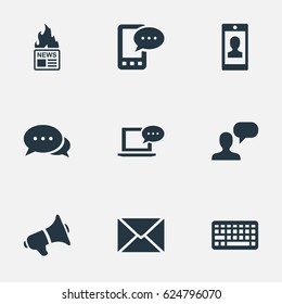 Vector Illustration Set Of Simple Newspaper Icons. Elements Post, Loudspeaker, Gazette And Other Synonyms E-Letter, Coming And Argument.