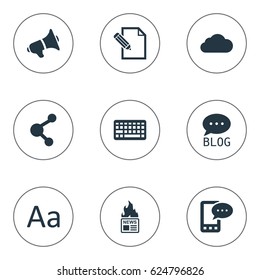 Vector Illustration Set Of Simple Newspaper Icons. Elements Cedilla, Document, Share And Other Synonyms Cedilla, Overcast And Megaphone.