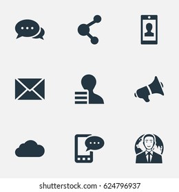 Vector Illustration Set Of Simple Newspaper Icons. Elements Loudspeaker, International Businessman, E-Letter And Other Synonyms Loudspeaker, Profile And Gain.