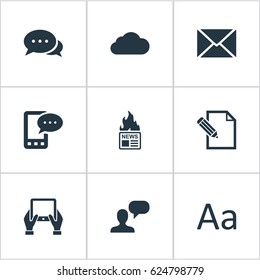 Vector Illustration Set Of Simple Newspaper Icons. Elements Cedilla, E-Letter, Post And Other Synonyms Missive, Pen And Epistle.