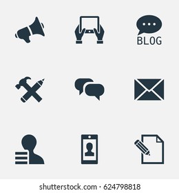 Vector Illustration Set Of Simple Newspaper Icons. Elements Loudspeaker, Site, Post And Other Synonyms Pen, Contract And Forum.