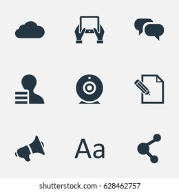 Vector Illustration Set Of Simple Newspaper Icons. Elements Notepad, Gossip, Loudspeaker And Other Synonyms Cloud, Alphabet And Camera.
