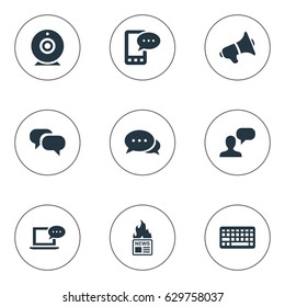 Vector Illustration Set Of Simple Newspaper Icons. Elements Keypad, Laptop, Gossip And Other Synonyms Speech, Broadcast And Laptop.