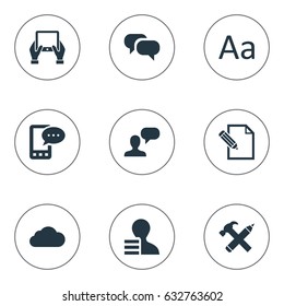 Vector Illustration Set Of Simple Newspaper Icons. Elements Gain, Gossip, Repair And Other Synonyms Cedilla, Message And Notepad.