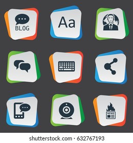 Vector Illustration Set Of Simple Newspaper Icons. Elements Keypad, Broadcast, Share And Other Synonyms Cedilla, Message And Camera.