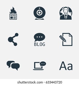 Vector Illustration Set Of Simple Newspaper Icons. Elements Laptop, Cedilla, Document And Other Synonyms Writing, Man And Camera.