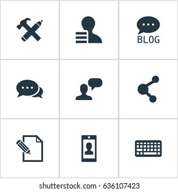 Vector Illustration Set Of Simple Newspaper Icons. Elements Profile, Repair, Gain And Other Synonyms Pen, Hammer And Writing.