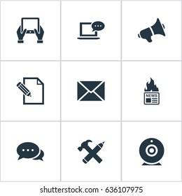 Vector Illustration Set Of Simple Newspaper Icons. Elements Document, Post, Argument And Other Synonyms Pencil, Tablet And Writing.