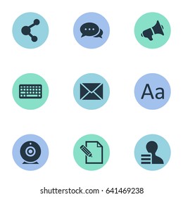 Vector Illustration Set Of Simple Newspaper Icons. Elements Loudspeaker, Cedilla, Gain And Other Synonyms Loudspeaker, Pen And Alphabet.