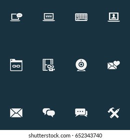 Vector Illustration Set Of Simple Newspaper Icons. Elements Keypad, Broadcast, Repair And Other Synonyms Broadcast, Pencil And Laptop.