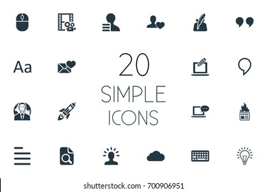 Vector Illustration Set Of Simple Newspaper Icons. Elements Bulb, Cedilla, Quote And Other Synonyms Sky, Man And Coming.