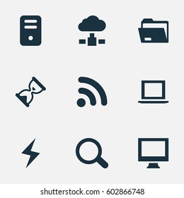 Vector Illustration Set Of Simple Notebook Icons. Elements System Unit, Hourglass, Battery And Other Synonyms Wireless, Monitor And Loading.