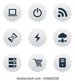 Vector Illustration Set Of Simple Notebook Icons. Elements Laptop, Data Center, Battery And Other Synonyms Notebook, Cloud And Cart.