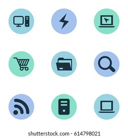 Vector Illustration Set Of Simple Notebook Icons. Elements System Unit, Magnifier, Computer And Other Synonyms Site, Wireless And Computer.