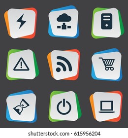 Vector Illustration Set Of Simple Notebook Icons. Elements Hourglass, System Unit, Wave And Other Synonyms Wireless, Warning And Hourglass.