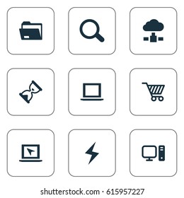 Vector Illustration Set Of Simple Notebook Icons. Elements Dossier, Web Trading, Magnifier And Other Synonyms Shopping, Cart And Magnifier.