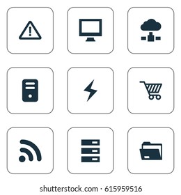 Vector Illustration Set Of Simple Notebook Icons. Elements Monitor, Wave, Memory And Other Synonyms Charge, Cart And Store.