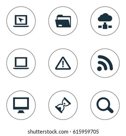 Vector Illustration Set Of Simple Notebook Icons. Elements Cursor, Dossier, Memory And Other Synonyms Signal, Search And Screen.