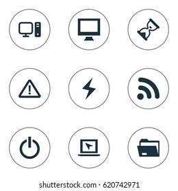 Vector Illustration Set Of Simple Notebook Icons. Elements Warning, Cursor, Hourglass And Other Synonyms Wave, Sandglass And Folder.