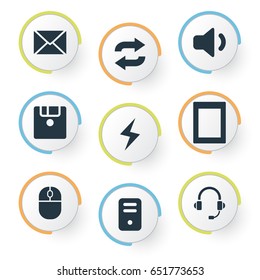 Vector Illustration Set Of Simple Notebook Icons. Elements Floppy Disk, Reload, Palmtop And Other Synonyms Refresh, Sound And System.
