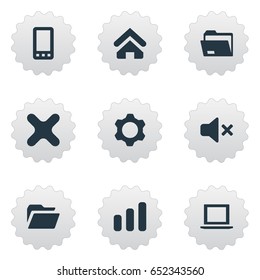 Vector Illustration Set Of Simple Notebook Icons. Elements Folder, Laptop, Dossier And Other Synonyms Signal, Telephone And Notebook.