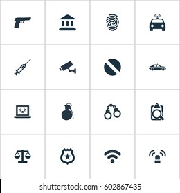 Vector Illustration Set Of Simple Offense Icons. Elements Police Car, Explosive, Justice And Other Synonyms Signal, Flasher And Police.