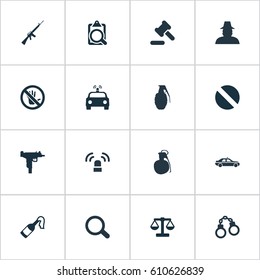 Vector Illustration Set Of Simple Offense Icons. Elements Police Car, Explode, Siren And Other Synonyms Agent, Gun And Bottle.