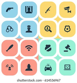 Vector Illustration Set Of Simple Offense Icons. Elements Investigation, Lock, Grid And Other Synonyms Internet, Sheriff And Safety.