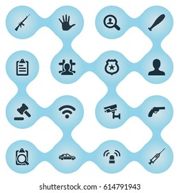 Vector Illustration Set Of Simple Offense Icons. Elements Internet, Arrested, Investigation And Other Synonyms Machine, Searching And Justice.