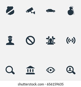 Vector Illustration Set Of Simple Offense Icons. Elements Arrested, Explosive, Drive And Other Synonyms Car, Detective And Look.