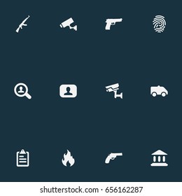 Vector Illustration Set Of Simple Offense Icons. Elements Blaze, Judicial House, Safety And Other Synonyms Governemental, Crime And Police.