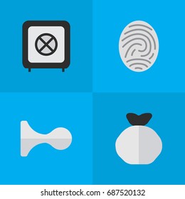 Vector Illustration Set Of Simple Offense Icons. Elements Bioskyner, Moneybox, Vault And Other Synonyms Fingerprint, Protection And Bioskyner.