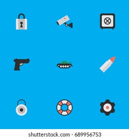 Vector Illustration Set Of Simple Offense Icons. Elements Military, Closed, Shot And Other Synonyms Lock, Padlock And Military.