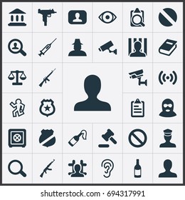 Vector Illustration Set Of Simple Offense Icons. Elements Safety, Justice, Violence And Other Synonyms Look, Solider And Library.