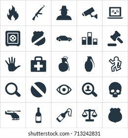 Vector Illustration Set Of Simple Offense Icons. Elements Explode, Magnifier, Blaze And Other Synonyms Dead, Gun And Solider.