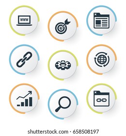 Vector Illustration Set Of Simple Optimization Icons. Elements Clipboard, Target, Loupe And Other Synonyms Loupe, Growth And Logistic.