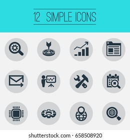 Vector Illustration Set Of Simple Optimization Icons. Elements Date Block, Clipboard, Navigation And Other Synonyms Arrow, Hammer And Zoom.